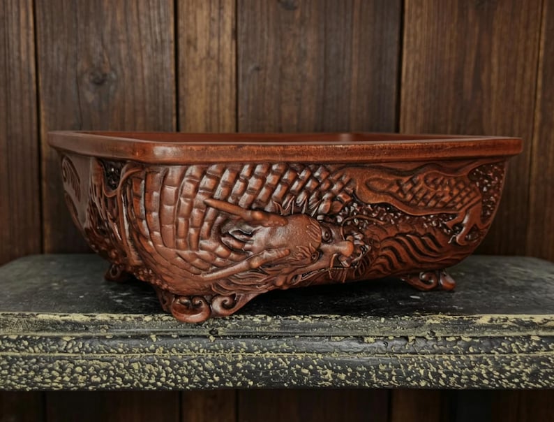 May include: A rectangular, reddish-brown ceramic planter with a detailed dragon relief design. The planter has a low profile, with a slightly raised rim and small feet. The dragon is carved on the sides of the planter.