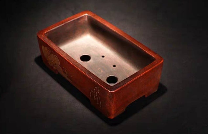 May include: A rectangular red bonsai pot with a dark brown interior and three drainage holes. The pot has a raised rim and a decorative design on the side.