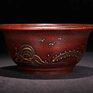 Round bonsai pot Yixing purple sand pottery bonsai flower pot simple retro handmade painting old style home decoration bonsai flower pot
