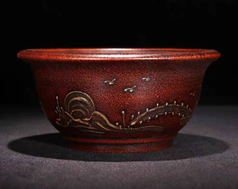 Round bonsai pot Yixing purple sand pottery bonsai flower pot simple retro handmade painting old style home decoration bonsai flower pot