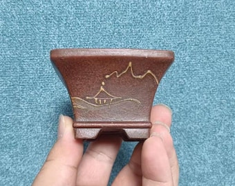 Mini pot à bonsaï carré Yixing violet sable sable pot de fleur fait main argile peint paysage calligraphie et peinture vieux style pot de fleur