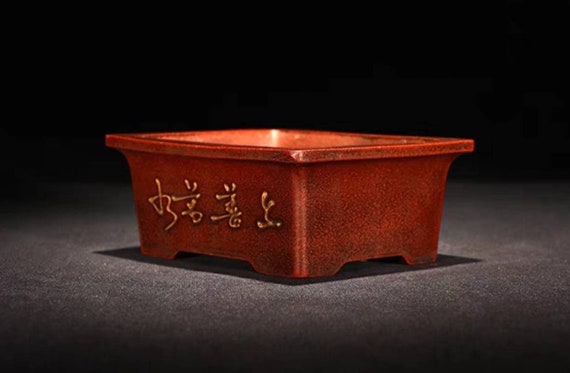 宜興盆栽鉢 植木鉢 紫砂の鉢 宜興紫泥 手彫りの絵 芸術品 宜興