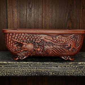 6.2-inch rectangular dragon-patterned cloud-foot bonsai pot, Yixing purple clay flower pot, retro style, plant pot.