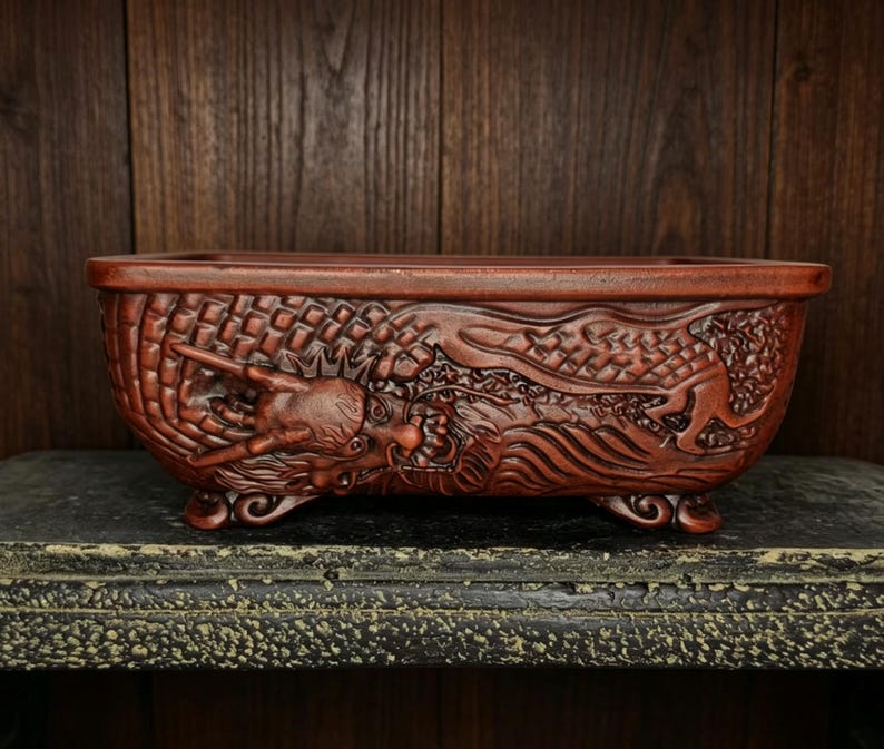 May include: A rectangular, reddish-brown ceramic planter with a detailed dragon relief design. The planter has a low profile, supported by small feet, and is suitable for bonsai or other small plants. The dragon is carved along the sides.