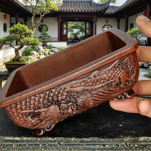 May include: A rectangular, brown ceramic planter with a dragon relief design. The planter has a slightly angled shape and rests on small, curved feet. The dragon is intricately detailed, adding a decorative element to the container.