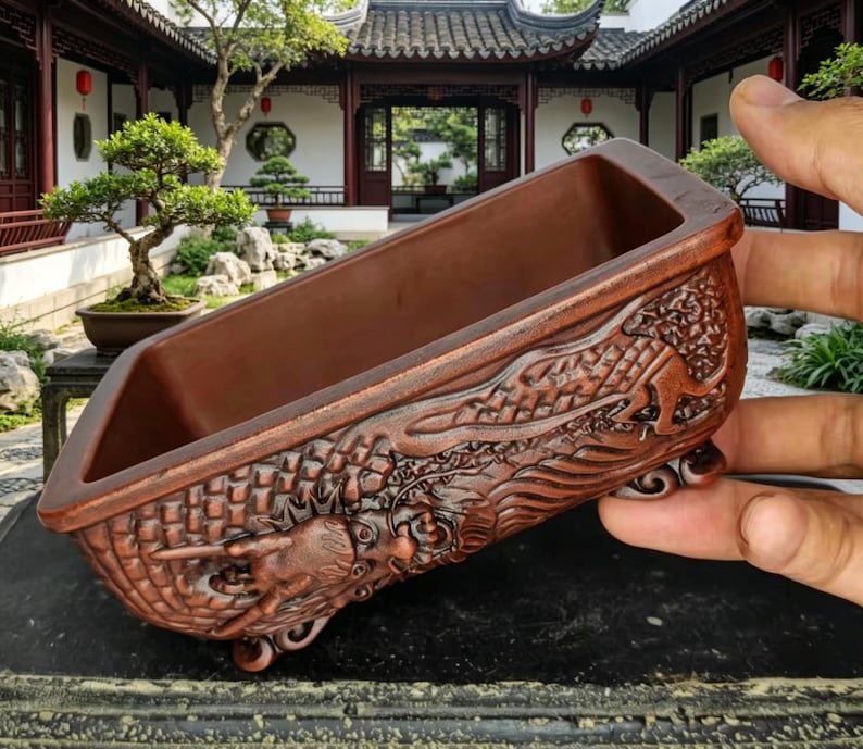 May include: A rectangular, brown ceramic planter with a dragon relief design. The planter has a slightly angled shape and rests on small, curved feet. The dragon is intricately detailed, adding a decorative element to the container.
