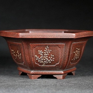 Mini hexagonal bonsai flower pot handmade painting Yixing Zisha pottery retro old style bonsai pot home decoration potted plant pot