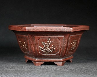 Mini hexagonal bonsai flower pot handmade painting Yixing Zisha pottery retro old style bonsai pot home decoration potted plant pot