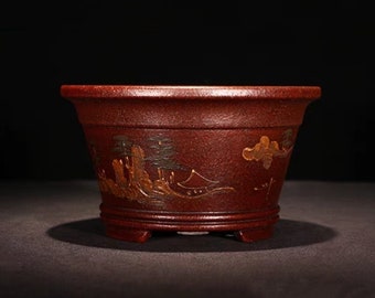 6.3-inch round bonsai pot handmade clay painted landscape calligraphy and painting retro old style flower pot Yixing purple clay bonsai pot