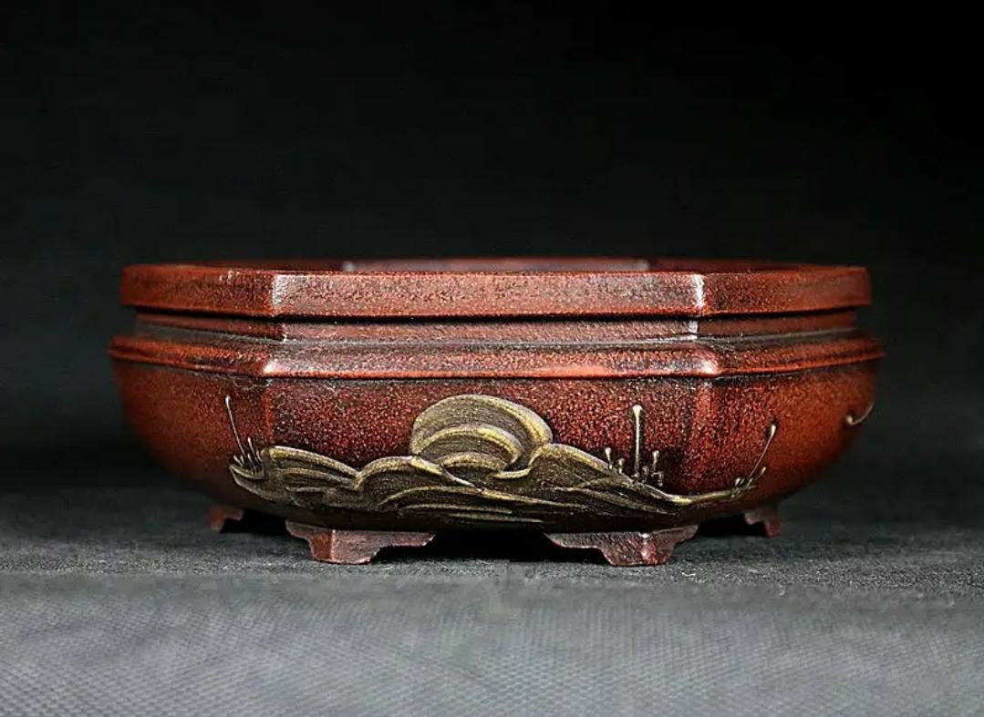 Yixing purple sand flowerpot handmade retro old mud painting hexagonal shallow bonsai small flower pot succulent home decoration bonsai pot