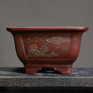 Square bonsai pot Yixing purple sand flower pot retro mud painting old style flower pot green plant exhibition bonsai pot