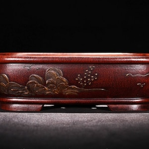 Rectangular shallow bonsai pot Yixing purple sand pottery flower pot simple retro handmade painting old style home decoration bonsai pot