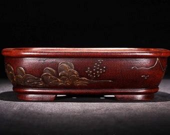 Rectangular shallow bonsai pot Yixing purple sand pottery flower pot simple retro handmade painting old style home decoration bonsai pot