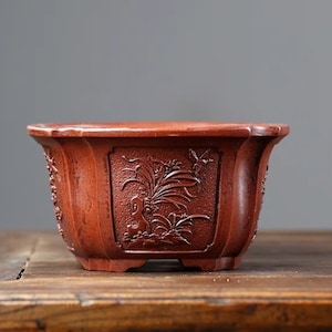 Square bonsai pot Yixing purple sand flower pot retro old style bonsai pot relief pattern flower pot succulent planter