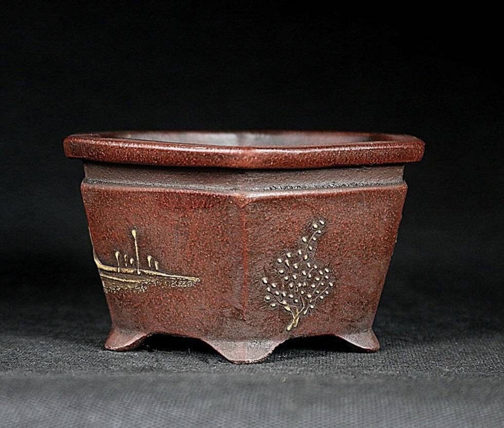 ミニ六角盆栽鉢宜興紫砂陶器植木鉢シンプルなレトロ絵画古いスタイルの