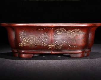 Yixing purple clay pottery handmade flower pot rectangular rhombus bonsai pot simple retro old style painting bonsai pot desktop decoration