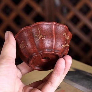 Mini old style small lotus shaped bonsai pot handmade mud painting flower pot Yixing purple sand flower pot succulent planter green plant