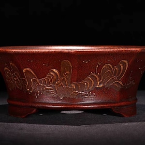 Polygonal Yixing bonsai pot simple retro handmade painting old style home decoration green plants exhibition bonsai pot