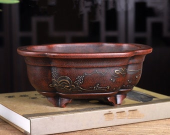 六角盆栽鉢 宜興紫砂植木鉢 シンプルな素焼き レトロ 通気性のある盆栽
