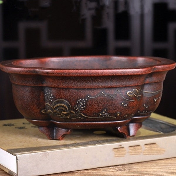 Bonsai flower pot Yixing purple sand pottery simple retro painting old style bonsai pot green plant planter papaya-shaped bonsai pot