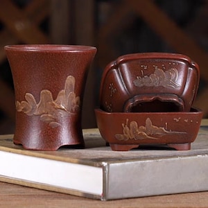 Mini bonsai pot old style handmade mud painting landscape painting Yixing purple sand flower pot succulent moss planter sketch bonsai pot