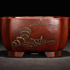 Square bonsai pot Yixing purple sand flower pot retro mud painting old style succulent flower pot green plant exhibition bonsai pot