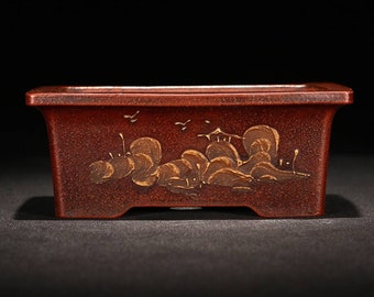 4インチミニ長方形盆栽鉢宜興紫沙植木鉢彫刻書道と絵画パターンレトロ