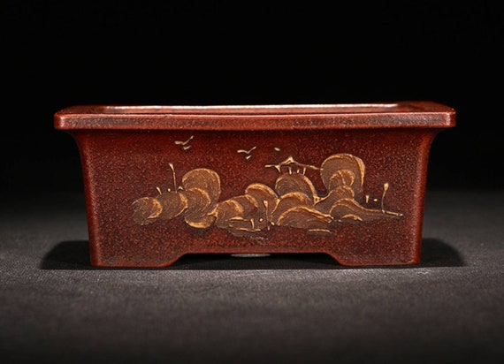 長方形の小さな盆栽鉢宜興紫砂植木鉢レトロ泥絵古いスタイルの植木鉢緑
