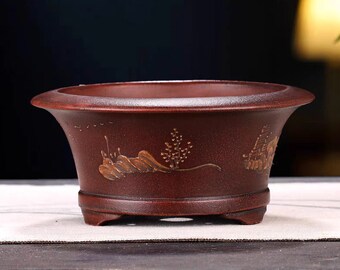 Runder Bonsai Topf Retro alter Stil Blumentopf Yixing lila Sand Blumentopf handgemachter Ton gemalt Landschaftsmalerei grüne Pflanze Bonsaischale