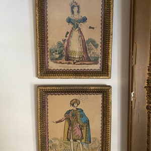 Antique  1830&#39;s hand colored pair Lithograph ~ original Gilt Frames