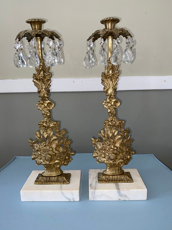 Antique vintage Victorian ornate brass crystal flower basket marble base candle holder set of 2