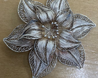 Broche Filigrane Argent Massif 925 - Fleur Feuille Occasion Bijou