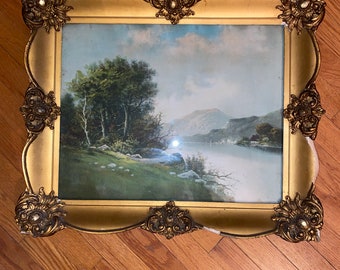 Gorgeous antique wood gilt Frame ~ wavy Glass w/pretty Print