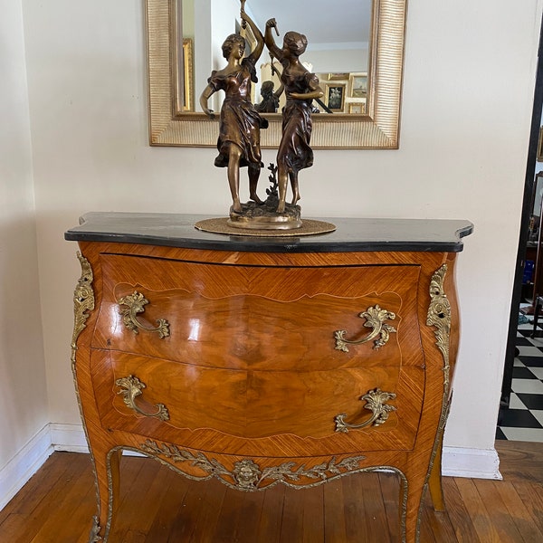 Antique French Louis XV Black Marble Top ormolu bombe Chest of drawers