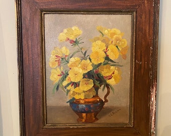 Oil on Board 19th Century Painting of Bouquet  of yellow Pansies