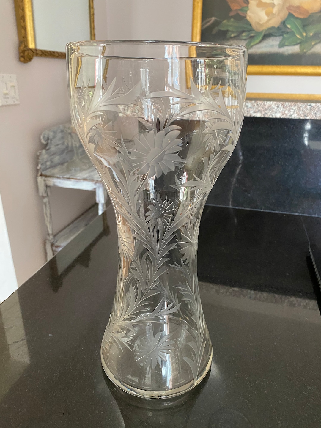 Vintage Cut Glass Crystal Vase Stunning Floral Design Etsy