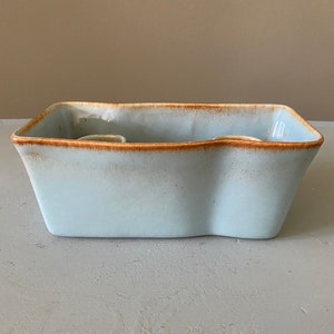 May include: A light blue ceramic planter with a brown rim. The planter has a rectangular shape with a slightly wavy edge.