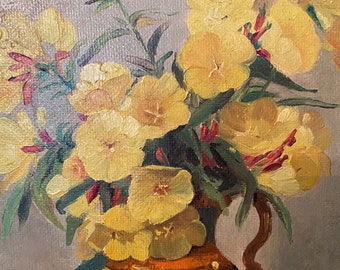 油彩画 花瓶の花　パンジー 油彩、板に描いた19世紀の絵画「黄色いパンジーの花束」 - Etsy 日本