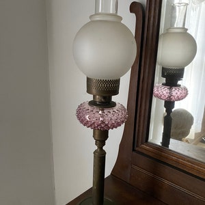 Antique Brass Pink Hobnail  Oil  Table Parlor Lamp ~ Electrified