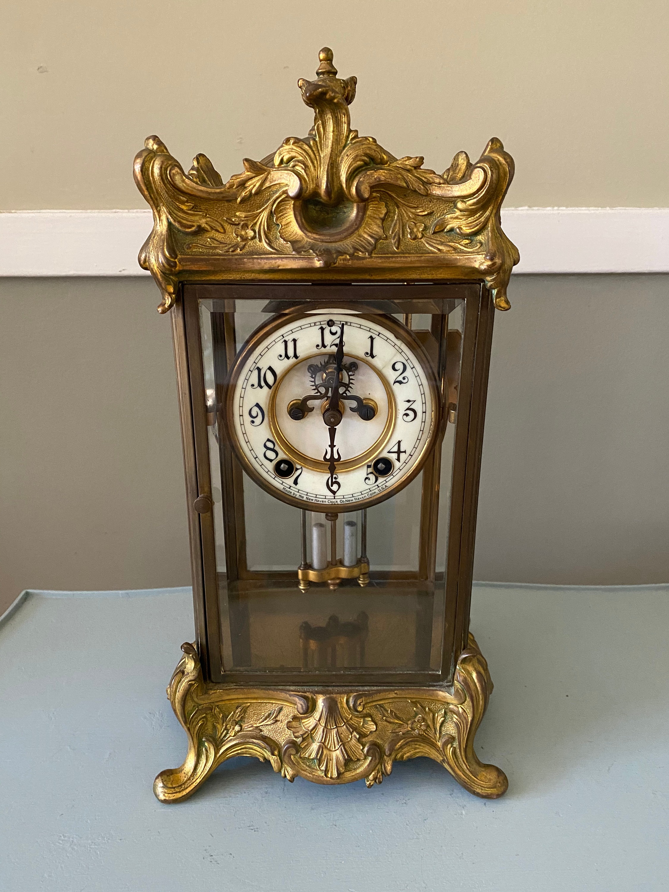 Antique New Haven Clock Co. Ornate Crystal Regulator Clock 