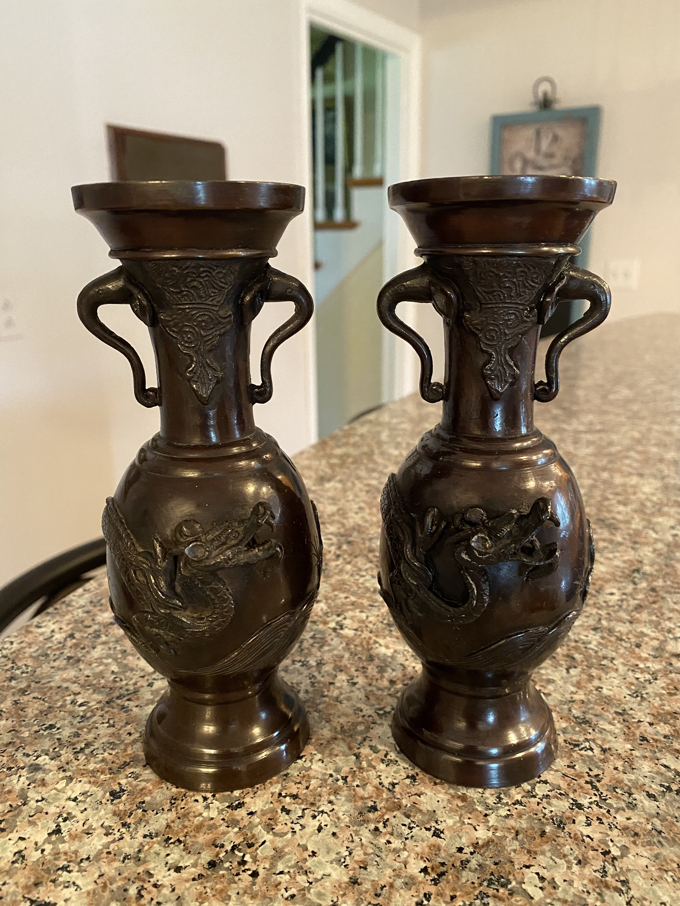Pair Antique Bronze Asian Raised Dragon Sculpture Vase