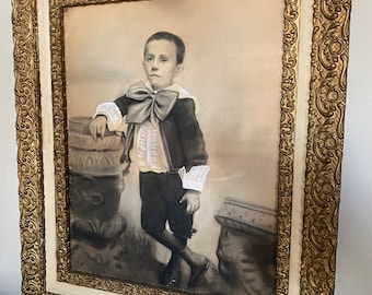 Antique Pastel Portrait young Boy sporting a Huge Bow Tie in Ornate  Gilt frame