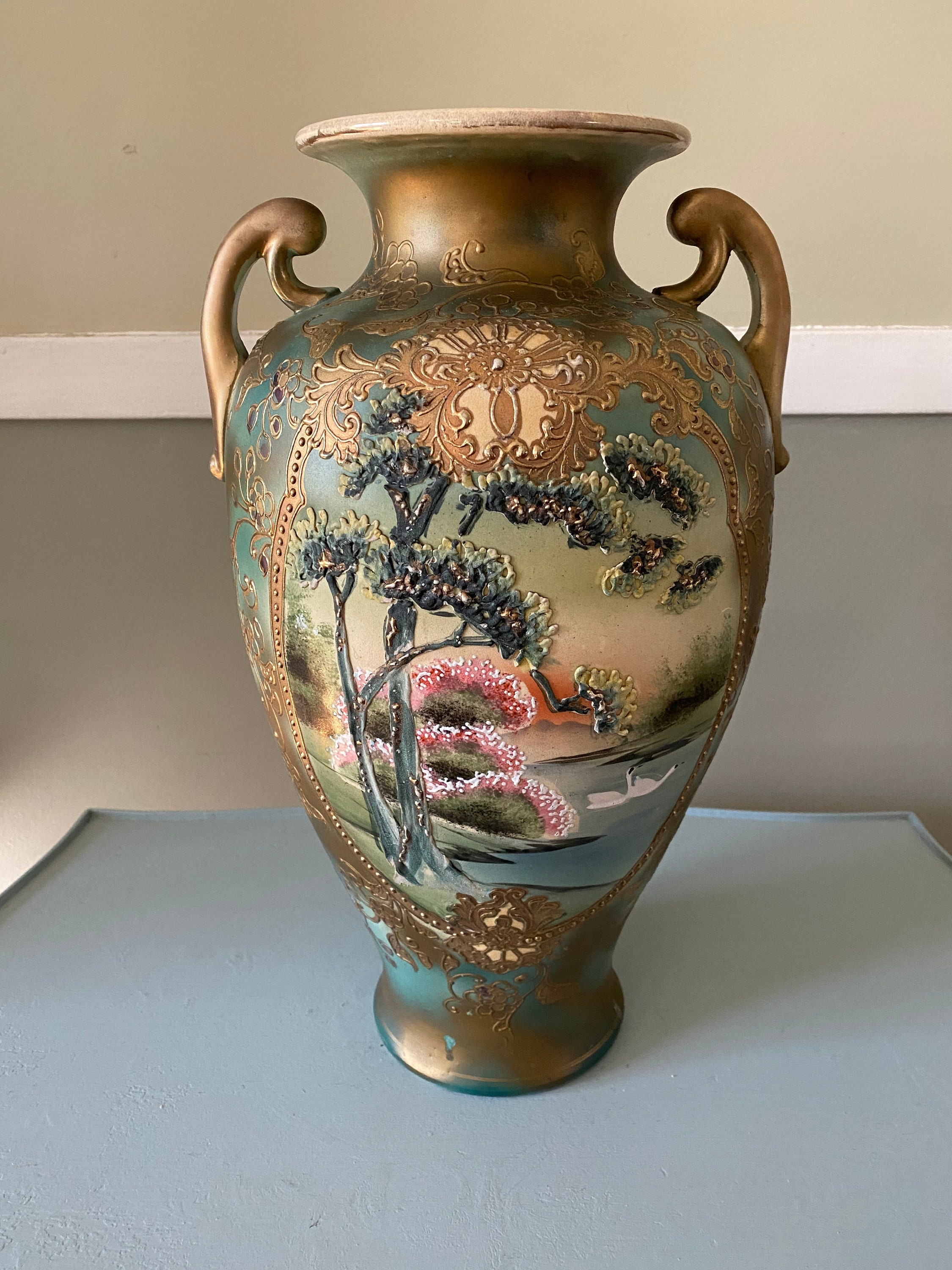 Antique HUGE 17” Japanese Handled Moriage Gilt Vase - Etsy