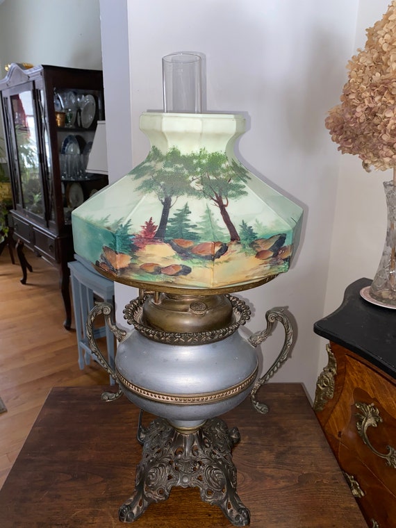 Antique PARKER Converted Electrified Ornate Glass Hand Painted