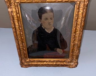 Antique tintype Large Portrait Lady hand tinted in Ornate gilt Frame