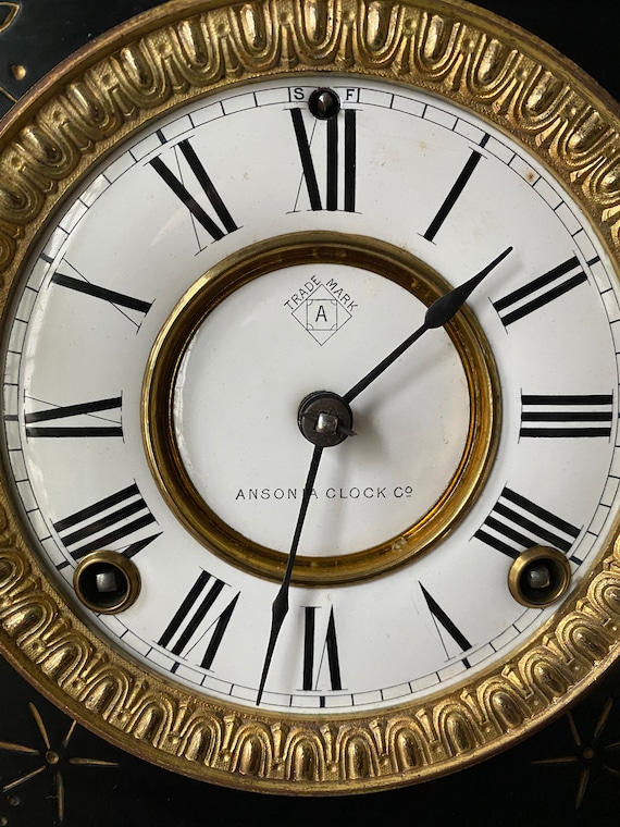 Antique Ansonia Mantle Black Cast Iron Clock ~ Gilt Design