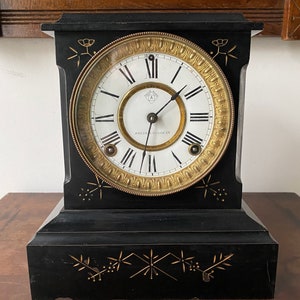 Antique Ansonia mantle Black  Cast Iron Clock ~ Gilt Design