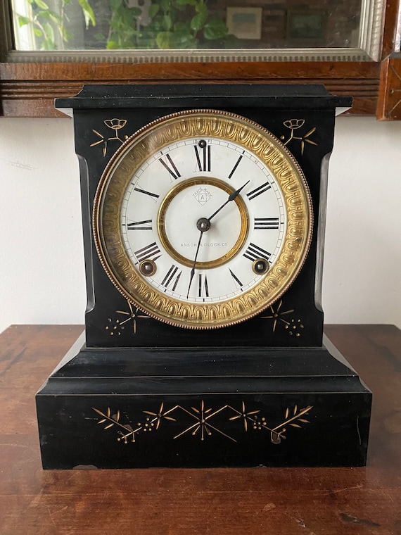 Antique Ansonia Mantle Black Cast Iron Clock Gilt Design Etsy