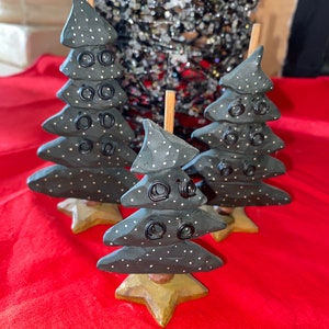 Trio of Wood  green Christmas Tree  on Stands Holiday Set  Christmas