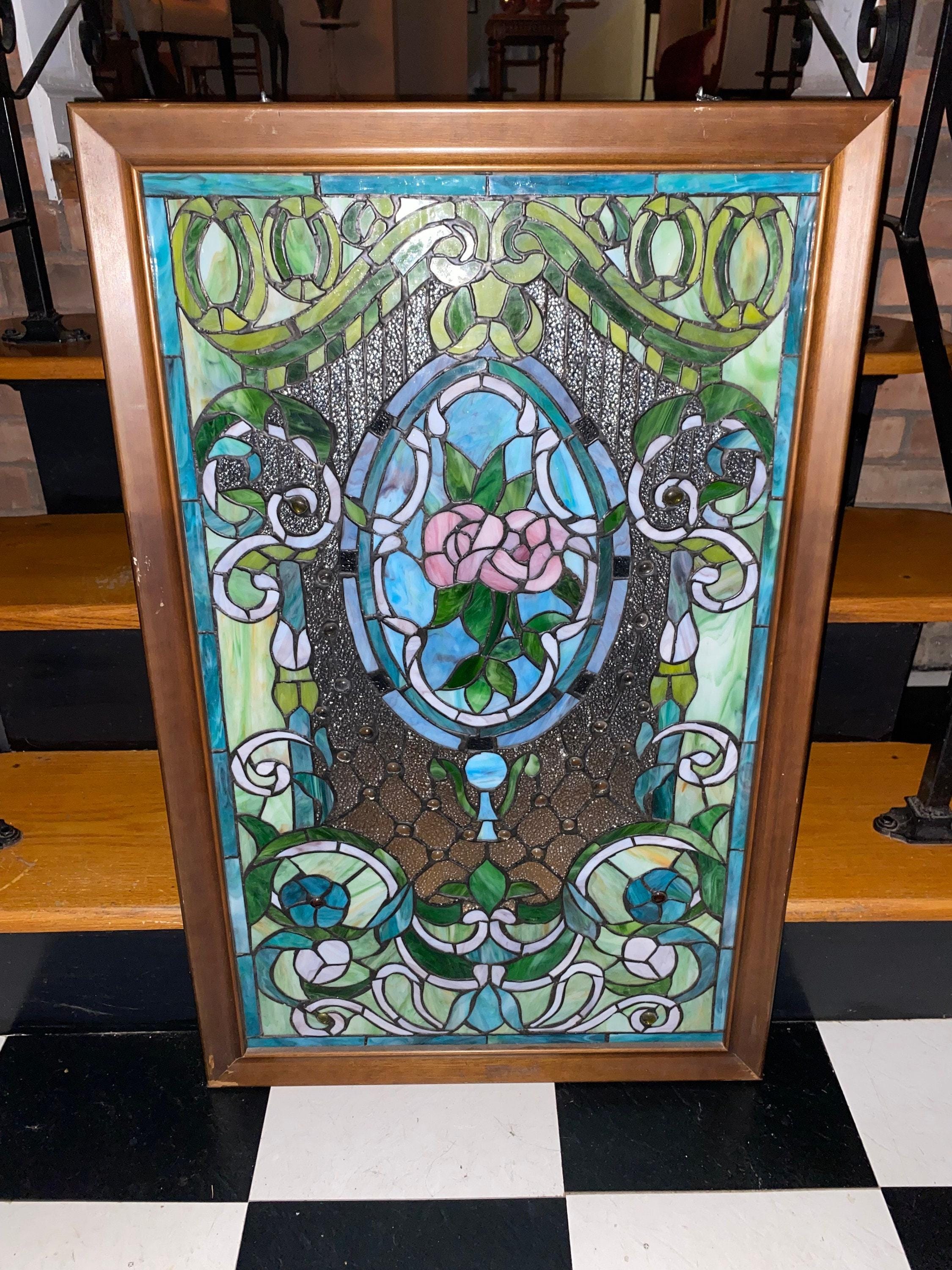 Vintage Large handcrafted Hanging Stained Glass Window Panel, Pink Roses ~  Handsome Wood Framed